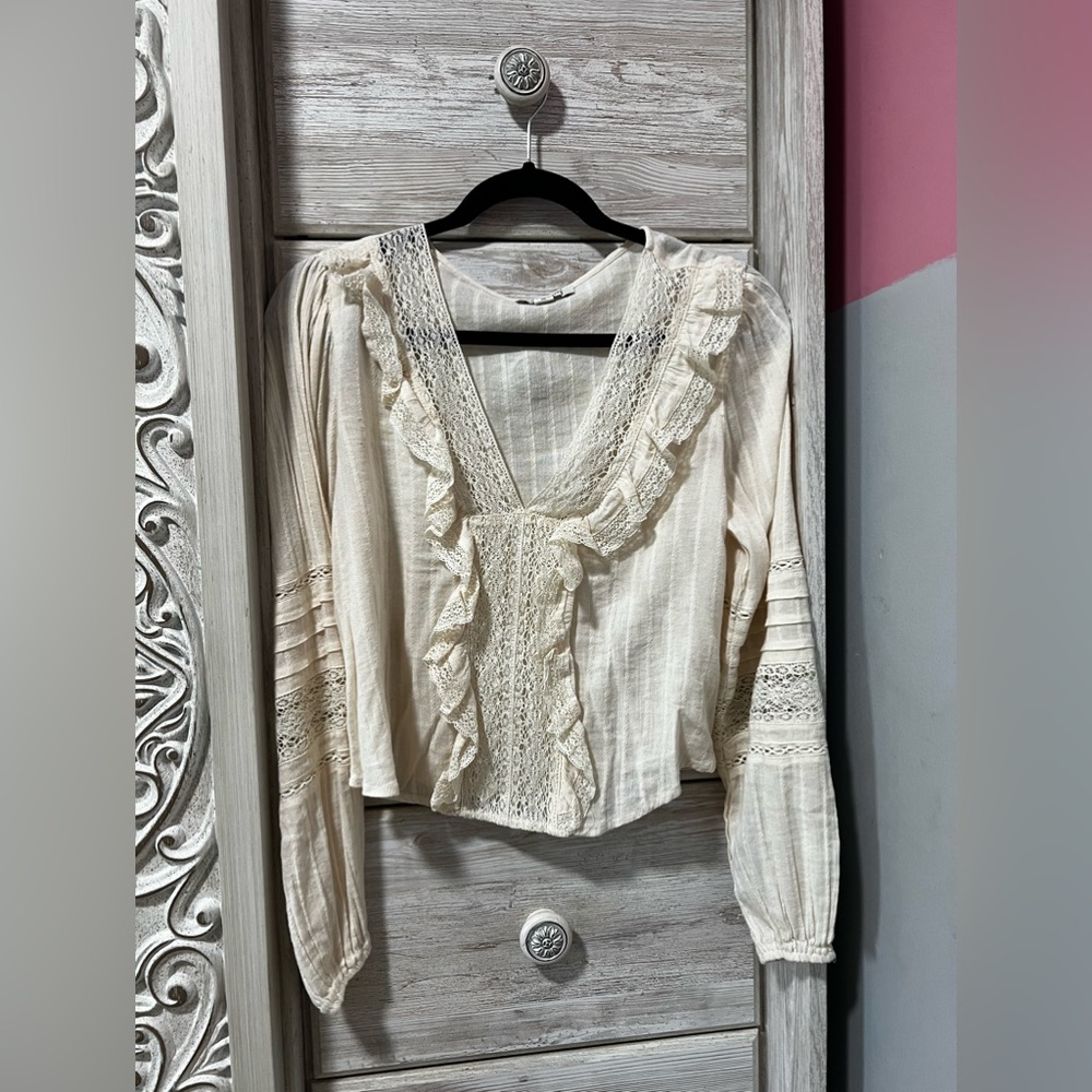 American Eagle Shirt Womens XS Beige V-neck Bohemian Peasant Top Lightweight